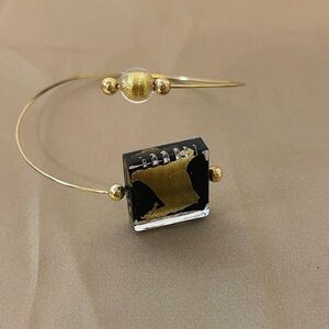 Gold & Black Glass Open Cuff Bracelet